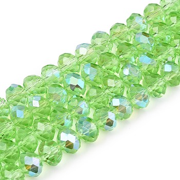 Electroplate Glass Beads Strands, Half Rainbow Plated, Faceted, Rondelle, Light Green, 8x6mm, Hole: 1mm, about 64~65pcs/strand, 40~41cm