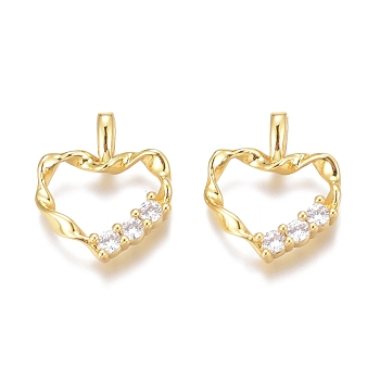 Brass Micro Pave Clear Cubic Zirconia Charms, Long-Lasting Plated, Twist Heart, Real 18K Gold Plated, 14x12x2mm, Hole: 2mm