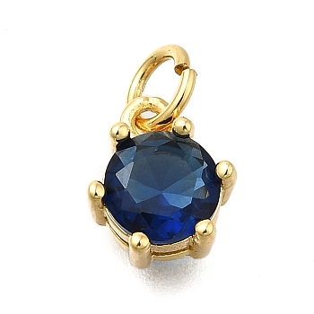 Brass Pave Cubic Zirconia Pendants, Round Charms, With Jump Ring, Long-Lasting Plated, Lead Free & Cadmium Free, Rack Plating, Real 18K Gold Plated, Marine Blue, 8.5x7.5x5mm, Hole: 3.2mm