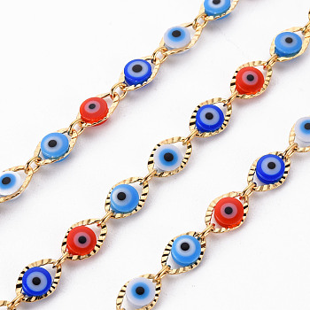 Handmade Brass Chains, with Enamel Acrylic Beads, Soldered, Spool, Evil Eye, Textured, Real 18K Gold Plated, Colorful, 3x2.5x0.5mm, about 16.4 Feet(5m)/roll