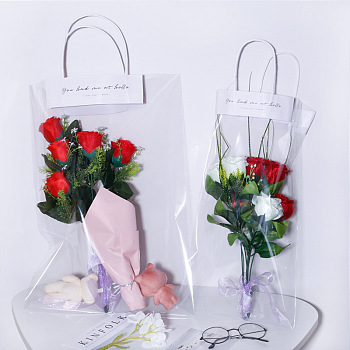 Transparent BOPP Plastic Gift Bag, with Sticks & Handle, Flower Packing Bags, Recycled Bags, for Wedding, for Valentine's Day, Birthday, Baby Shower, Clear, Bag: 50x35x0.01cm, 10pcs/set, Sticks: 20x6x0.01mm, 20pcs/set, Handle: 14.5x19mm, 20pc/set
