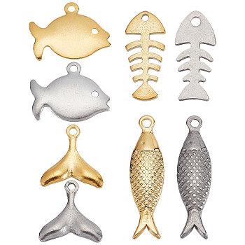 32Pcs 8 Style 201 & 304 Stainless Steel Charms, Laser Cut, Fish & Fishbone & Fishtail, Golden & Stainless Steel Color, 11~21x6~14x0.7~2.5mm, Hole: 1~1.6mm, 4pcs/style
