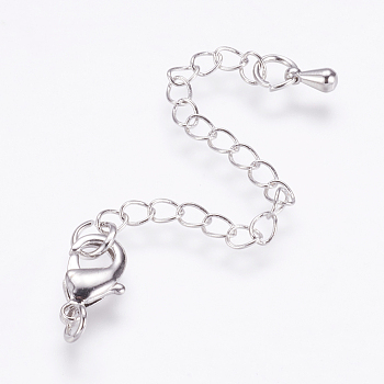 Long-Lasting Plated Brass Chain Extender, with Lobster Claw Clasps and Bead Tips, Real Platinum Plated, Clasp: 12x7x3mm, Hole: 3.5mm, Extend Chain: 65mm, ring: 5x1mm