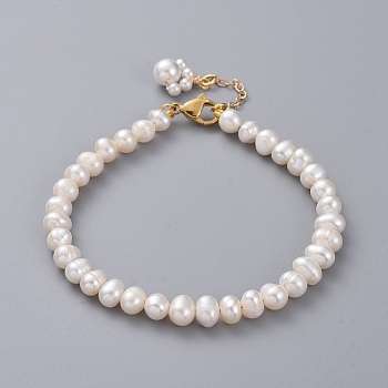 Natural Cultured Freshwater Pearl Beaded Bracelets, with Shell Pearl Beads, Golden Plated 304 Stainless Steel Lobster Claw Clasps and Cardboard Packing Box, White, 7-5/8 inch(19.5cm)