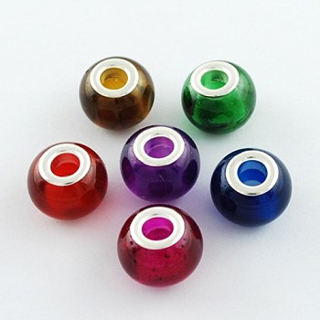 Mixed Large Hole Rondelle Spray Painted Glass European Beads, with Silver Color Plated Brass Double Cores, 15x12mm, Hole: 5mm