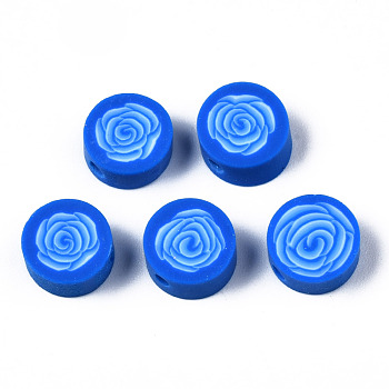 Handmade Polymer Clay Beads, for DIY Jewelry Crafts Supplies, Flat Round with Flower, Dodger Blue, 9.5x3.5~5mm, Hole: 1.8mm