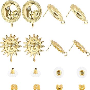 Nbeads 4 Pairs 2 Style Brass Stud Earring Findings, with Loop and Cubic Zirconia, Sun & Moon, Golden, 23x18.5~20x3~4mm, Hole: 1.6mm, Pin: 0.7~1mm, 2 pairs/style