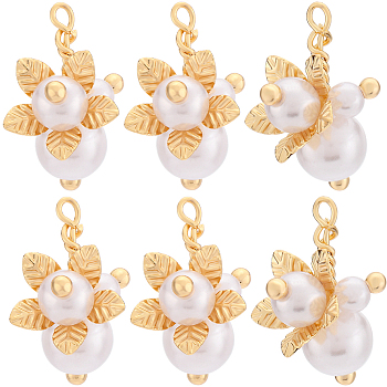 10Pcs ABS Plastic Imitation Pearl Pendants, with Real 18K Gold Plated Brass Findings, Flower, Creamy White, 21x14x2mm, Hole: 2mm