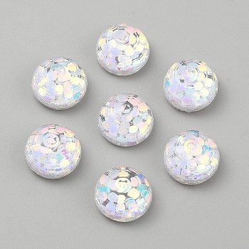 Transparent Resin Cabochons, Half Round, with Paillette, Faceted, White, 16x9.5mm
