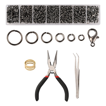 DIY Jewelry Making Finding Kit, Including Brass Jump Rings & Open Jump Rings, Zinc Alloy Lobster Claw Clasps, Tweezers, Pliers, Gunmetal, 1182Pcs/bag