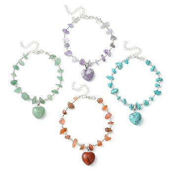 4Pcs 4 Style Natural Mixed Gemstone Heart Charm Bracelets Set with Chips Beaded Chains, Brass Stackable Bracelets, 9 inch(22.8cm), 1Pc/style