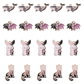 20Pcs 4 Style Halloween Alloy Enamel Pendants, Golden, Cat & Rabbit & Bat & Shark, Mixed Color, 28x16mm, 5pcs/style