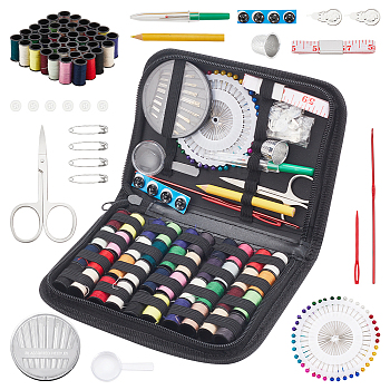 Portable DIY Sewing Tool Sets, Including Brass Thimble, Iron Sewing Needles, Polyester Thread, Scissors, Safety Pins, Plastic Magnifying Glass, Seam Ripper, Tape Measure, Button, Knitting Hook, Pen, Mixed Color, 58x29x6.5mm