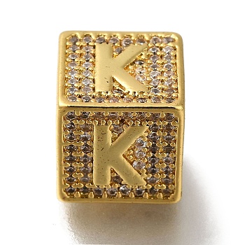 Brass Cubic Zirconia Beads, Letter K, Square, Letter K, 9.5x9.5x9.5mm, Hole: 6mm