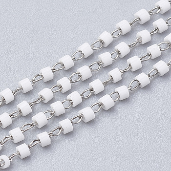 TOHO Japan Import Seed Beads, Handmade Glass Beaded Chains, Soldered, with Spool, with Stainless Steel Findings, Column, Stainless Steel Color, Creamy White, 2mm, about 26.24 Feet(8m)/strand