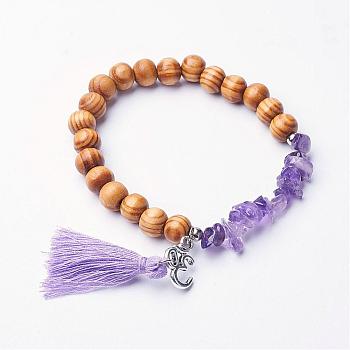 Natural Chip Amethyst Stretch Bracelets, with Cotton Thread Tassels Pendant, Wood Beads and Tibetan Style Findings, Om Symbol, Violet, 2-1/8 inch(54mm)