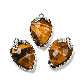 Natural Tiger Eye Faceted Pendants, Rack Plating Brass Strawberry Charms, Platinum, 18x11x5~5.5mm, Hole: 1.2mm