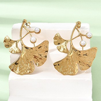 304 Stainless Steel & Plastic Pearl Stud Earrings, Ginkgo Leaf, Golden, 52.5x41.5mm