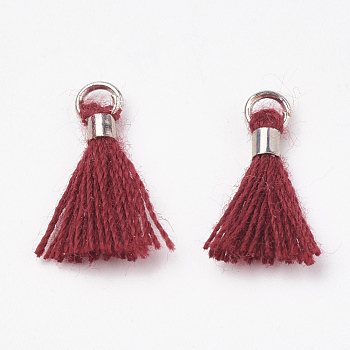 Polycotton(Polyester Cotton) Tassel Pendant Decorations, Mini Tassel, with Brass Findings, Platinum, Brown, 10~15x3~4mm, Hole: 2mm