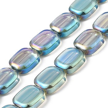 Transparent Electroplate Glass Bead Strands, Rainbow Plated, Rectangle, Dark Sea Green, 12x10x4.5mm, Hole: 1mm, about 55pcs/strand, 25.98''(66cm)