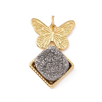 Electroplated Natural Druzy Quartz Pendants, with Ion Plating(IP) 304 Stainless Steel Findings, Hematite Plated, Butterfly & Rhombus, Golden, 27mm, Jump Ring: 5x0.6mm, 3.8mm Inner Diameter