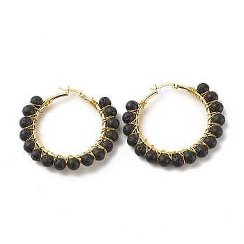 Natural Lava Rock Beaded Hoop Earrings for Women, Real 18K Gold Plated Wire Wrap Big Circle Hoop Earrings, 47~49x51~52x6~6.6mm, Pin: 1.4x0.4mm