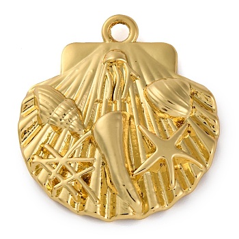 Rack Plating Brass Pendants, Cadmium Free & Lead Free, Long-Lasting Plated, Shell Shapes, Real 18K Gold Plated, 27.5x25x4.5mm, Hole: 2mm