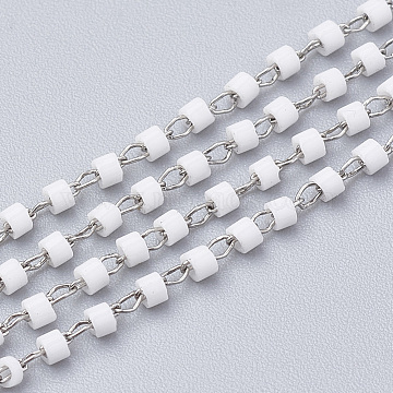 TOHO Japan Import Seed Beads, Handmade Glass Beaded Chains, Soldered, with Spool, with Stainless Steel Findings, Column, Stainless Steel Color, Creamy White, 2mm, about 26.24 Feet(8m)/strand(CHS-S004-05A)