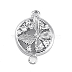 Brass Pave Clear Cubic Zirconia Connector Charms, Cadmium Free & Nickel Free & Lead Free, Flat Round with Butterfly, Platinum, 23.5x16x5mm, Hole: 1.8mm(KK-Z066-08P)