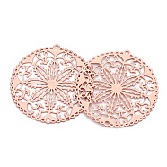 Rack Plating Brass Filigree Pendants, Long-Lasting Plated, Flat Round with Flower, Nickel Free, Rose Gold, 31.5x30x0.4mm, Hole: 1.4mm(KKC-T001-65RG)