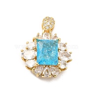 Brass Micro Pave Clear Cubic Zirconia Pendants, with Glass, Flat Round with Rectangle, Real 18K Gold Plated, Deep Sky Blue, 25mm, Hole: 5x1.5mm(KK-I695-020A)