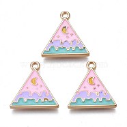 Rack Plating Alloy Enamel Pendants, Cadmium Free & Nickel Free & Lead Free, Light Gold, Triangle with Wave & Moon, Pink, 18.5x18x2mm, Hole: 1.8mm(ENAM-S122-66)
