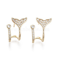 Brass Micro Pave Clear Cubic Zirconia Stud Earrings, with 925 Sterling Silver Pins, Nickel Free, Whale Tail Shape, Real 18K Gold Plated, 15x14mm, Pin: 0.7mm(X-EJEW-T011-004-NF)