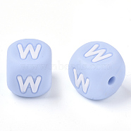 Food Grade Eco-Friendly Silicone Beads, Horizontal Hole, Chewing Beads For Teethers, DIY Nursing Necklaces Making, Letter Style, Cube, Light Sky Blue, Letter.W, 10x10x10mm, Hole: 2mm(X-SIL-R011-10mm-02W)