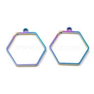 304 Stainless Steel Open Back Bezel Hexagon Pendants, For DIY UV Resin, Epoxy Resin, Pressed Flower Jewelry, Rainbow Color, 28x28x3mm, Hole: 2.2mm, Inner Diameter: 23x26mm(STAS-Z040-12RC)