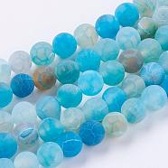 Natural Weathered Agate Beads Strands, Dyed, Frosted, Round, Deep Sky Blue, 8mm, Hole: 1mm, about 46pcs/strand, 15 inch(X-G-G589-8mm-14)