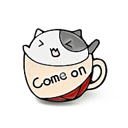 Coffee Cup Cat Enamel Pin, Word Come On Alloy Badge for Backpack Clothes, Electrophoresis Black, Bisque, 21x25.5x2mm(JEWB-H009-01EB-01)