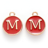 Golden Plated Alloy Enamel Charms, Cadmium Free & Lead Free, Enamelled Sequins, Flat Round with Letter, Red, Letter.M, 14x12x2mm, Hole: 1.5mm(X-ENAM-S118-03M)