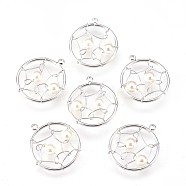 Brass Pendants, with Acrylic Pearl Beads, Nickel Free, Flat Round, Real Platinum Plated, 20.5x18x4mm, Hole: 1mm(KK-P153-08P-NF)