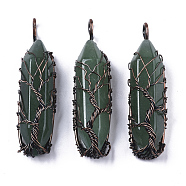 Natural Green Aventurine Big Wire Wrapped Pendants, with Brass Wires, prismatic with Tree of Life, Red Copper, 48~62x14~17x13~18mm, Hole: 4x5~6mm(G-T133-R02D)