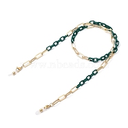Eyeglasses Chains, Neck Strap for Eyeglasses, with Cellulose Acetate(Resin) & Iron Paperclip Chains, 304 Stainless Steel Lobster Claw Clasps and Rubber Loop Ends, Light Gold, Dark Green, 27.36~27.76 inch(69.5~70.5cm)(AJEW-EH00204-02)