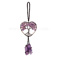 Wire Wrapped Chips Natural Amethyst Big Pendant Decorations, with Red Copper Plated Brass Wires and Nylon Cord, Heart with Tree of Life, 160mm, 1pc(HJEW-SZ0001-25A)