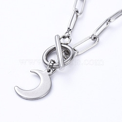 Moon 304 Stainless Steel Pendant Necklaces, with Paperclip Chains and Toggle Clasps, Stainless Steel Color, 17.20 inch(43.7cm)(NJEW-JN02888-02)