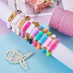 Chunky Curved Tube Beads Stretch Bracelets Set, Acrylic & CCB Plastic Beads Bracelets for Women, Mixed Color, Inner Diameter: 2~2-1/8 inch(5~5.5cm), 5pcs/set(BJEW-SW00016)