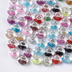 Resin European Beads, Large Hole Beads, with Glitter Powder and Platinum Tone Brass Double Cores, Rondelle, Mixed Color, 13.5~14x8.5~9mm, Hole: 5mm(RPDL-T002-06)