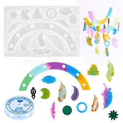 DIY Wind Chime Making Kits, including Moon/Feather/Tree Pendant Silicone Molds, Elastic Crystal Thread, White, 140x210x9mm(WICH-PW0001-105)