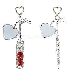 Mirror Alloy & Iron Pendant Decorations, with Macrame Pouch Lipstick Holder, Heart, 200mm(HJEW-WH0068-90A)
