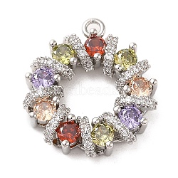 Brass Cubic Zirconia Pendants, with Glass, Long-Lasting Plated, Flat Round, Colorful, 20x18x4mm, Hole: 1.5mm(KK-M275-63P)
