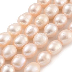 Natural Cultured Freshwater Pearl Beads Strands, Rice, Grade 2A, Light Coral, 7~8mm, Hole: 0.6mm, about 21~22pcs/strand, 6.89''~7.09''(17.5~18cm)(PEAR-P062-10A)