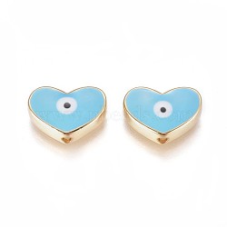 Golden Tone Brass Beads, with Enamel, Heart with Evil Eye, Sky Blue, 11x15x4.5mm, Hole: 1.6mm(ENAM-L025-B-01)
